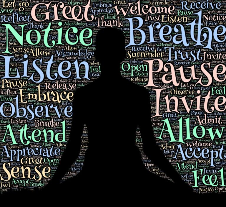 Calming yoga pose with affirmation words in the background